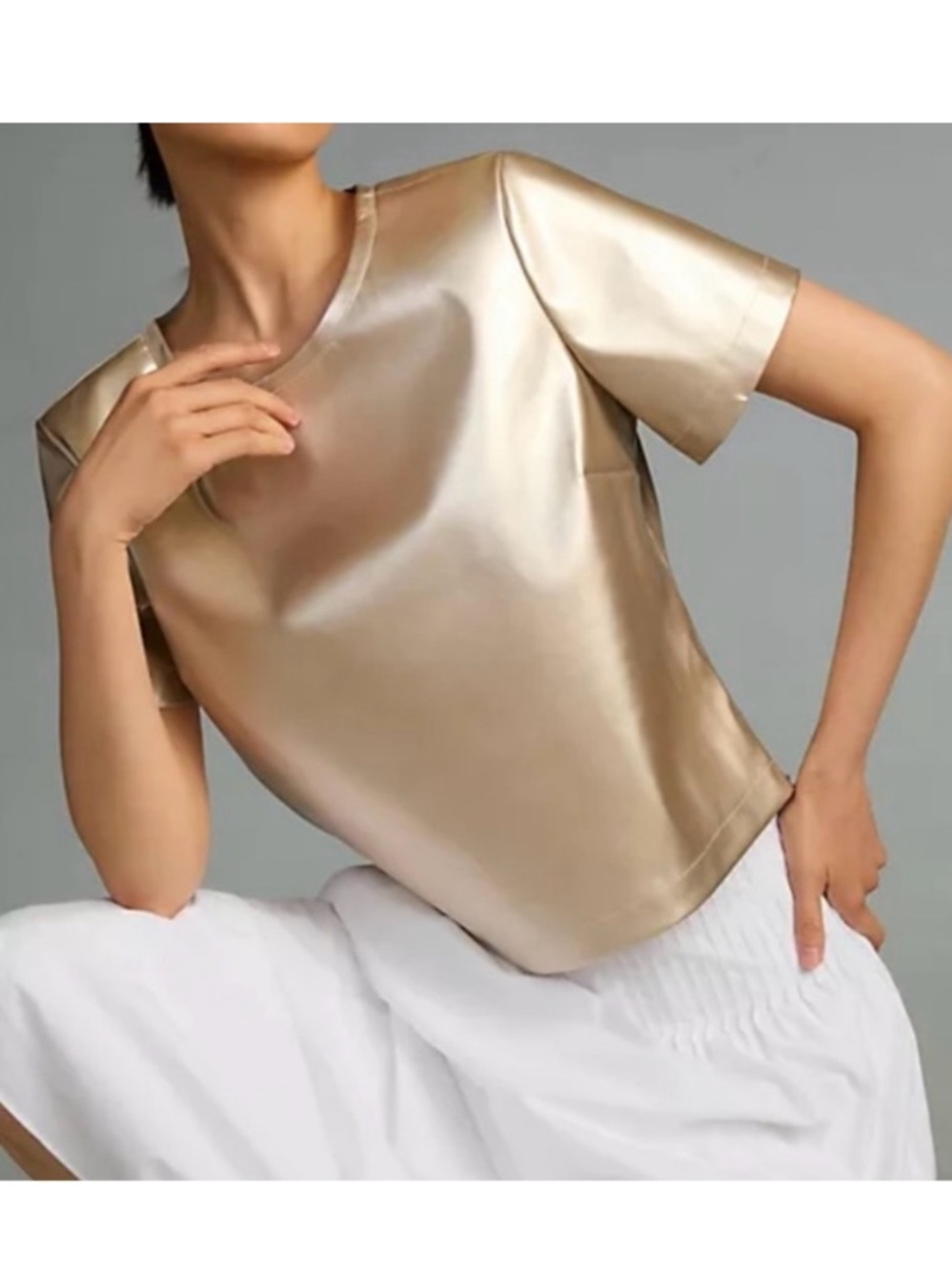 NWT Porridge Anthropologie Collin Gold Metallic Faux Leather Short Sleeve Top L